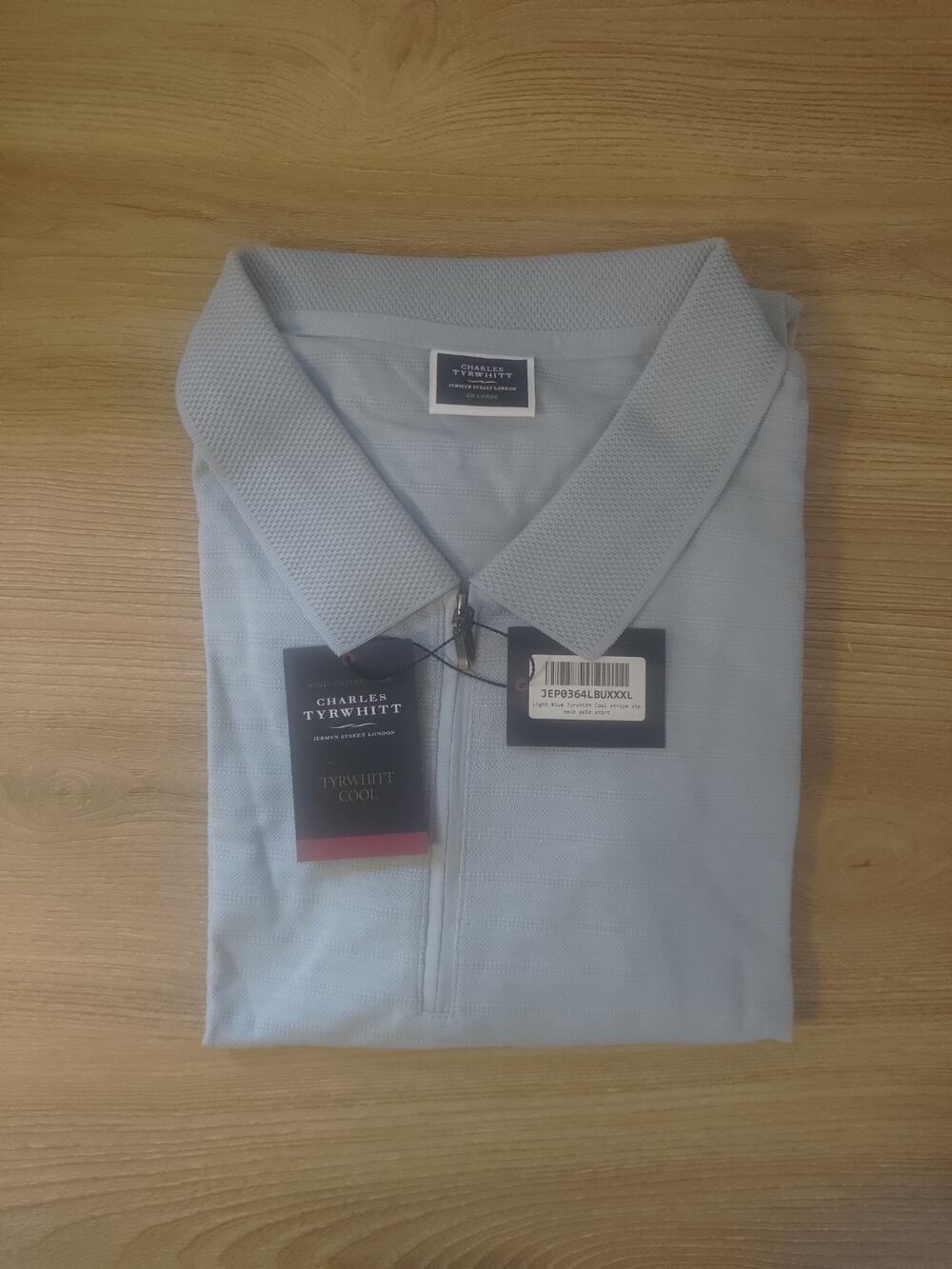 Zip Neck Men's Polo Shirt XXXL 3XL Charles Tyrwhitt Stripe Texture Light Blue
